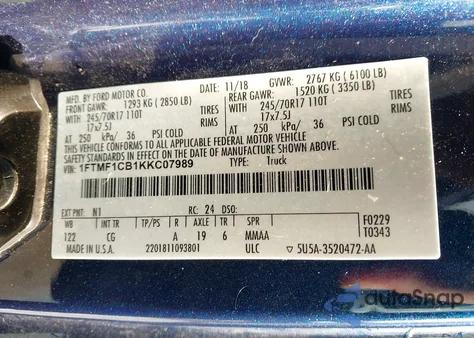 2019 Ford F-150 Xl from USA, damaged, VIN 1FTMF1CB1KKC07989